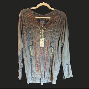 NWT JOHNNY WAS‎ Pete & Greta Embroidered Tunic Top Cupra Griff In Gray FLAW S